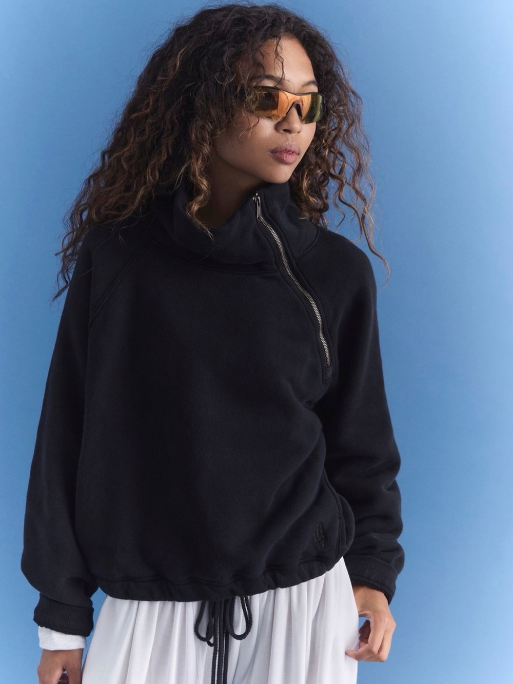 Free People Black Funnel Neck Zip Pullover